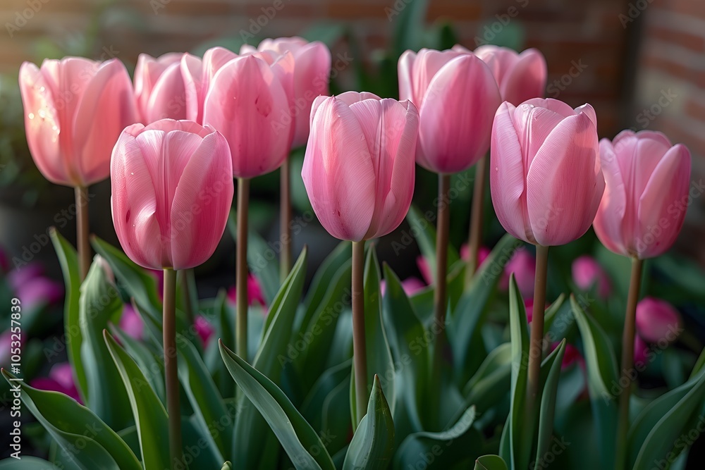 Blooming Pink Tulips in Sunlit Garden - Perfect for Spring Decor and Nature Lovers Blooming Pink Tulips in Sunlit Garden - Perfect for Spring Decor and Nature Lovers
