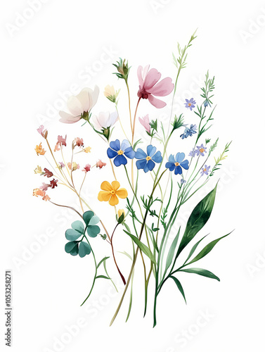 Wallpaper Mural bunch of wild flower sprigs , watercolor floral bouquet isolated on a white background 
 Torontodigital.ca