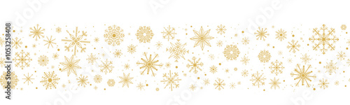 Gold snowflake wave border, winter holiday garland, falling golden snow and stars decoration isolated on white background. Template with a Christmas elements