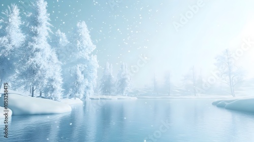 Serene Snowy 3D Winter Landscape with Frozen Lake and Ice Covered Trees Under Pale Blue Sky A captivating and enchanting winter wonderland scene with a peaceful tranquil atmosphere