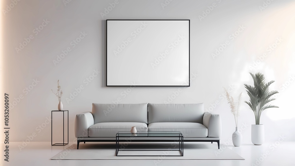 Minimalist Wall Art Mockup for Modern Living Room Design Featuring Elegant Canvas and Sleek Gray Sofa Minimalist Wall Art Mockup for Modern Living Room Design Featuring Elegant Canvas and Sleek Gray Sofa