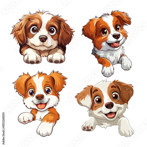 Adorable puppy figures vector collection. Small dog canine large eyes fur appendage cheerful youngsters buddy companion creature animals, happy vivid artworks solitary on white backdrop
