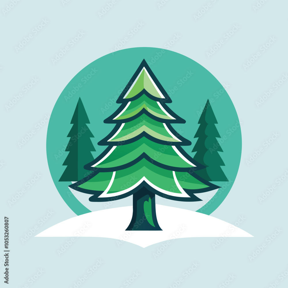 Obraz premium Simple illustration of a green pine tree standing on a white snowdrift. 