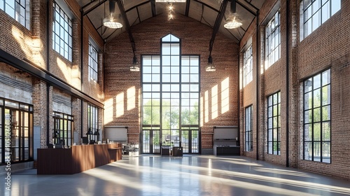 Expansive Industrial Loft with Exposed Brick Walls and Large Factory Style Windows Providing Ample Natural Light and Open Creative Workspace