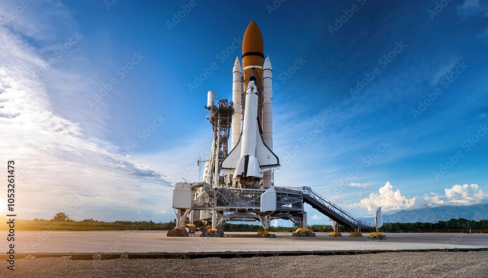 Obraz premium Space Rocket Ready for Launch, Realistic Panoramic Close-Up of Sky Background