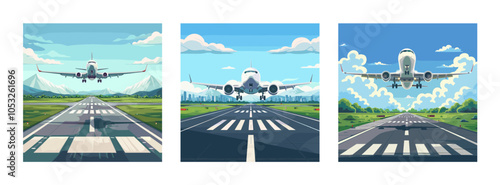 Aircraft liftoff sunny heavens cartoon vector concepts Plane craft wings turbines fly strip air airport atmosphere skyline travel scenery voyage transit environment illustrations