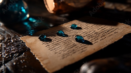 Blue gems scattered on old parchment paper.