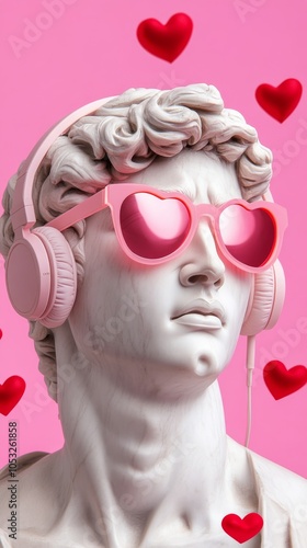 A classical sculpture dons modern pink heart-shaped sunglasses and headphones, infusing an artistic blend of history and contemporary flair, themed with love.