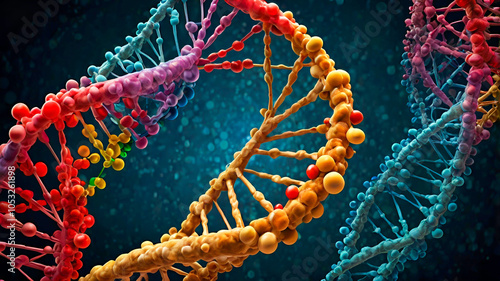 Intricate Human DNA Molecule Illustration with Double Helix Structure – Vibrant Depiction of Sugar-Phosphate Backbones and Nucleotide Bases in Both Scientific and Artistic Styles photo