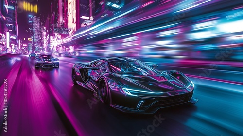 Cinematic photography of hypercars in futuristic city, cyberpunk theme. photo