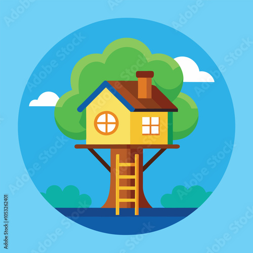 A charming yellow treehouse nestled in a green tree, perfect for a child's imagination.