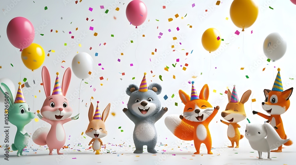 Naklejka premium Cartoon animal birthday card with cute baby animals, balloons, and hearts
