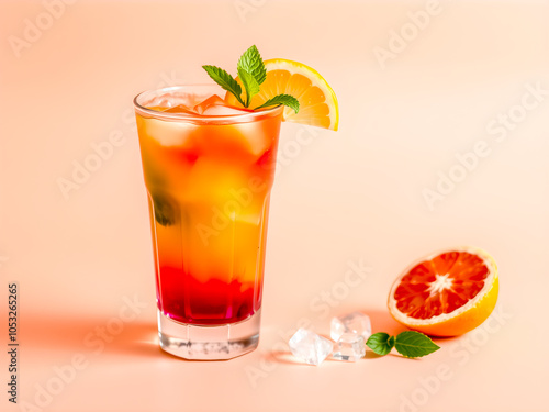 Refreshing drink with orange, mint and ice on a pink background