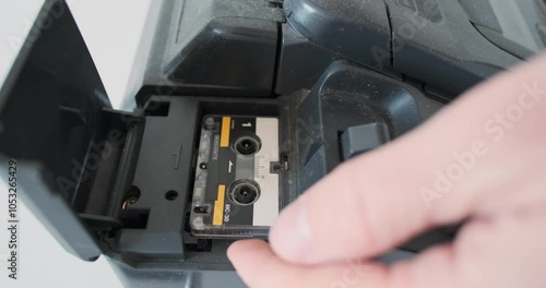 Fingers remove a microcassette from the answering machine, fax machine, close-up. An old device for recording telephone conversations.