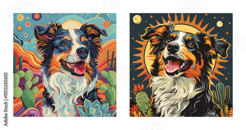 Border collie dog cartoon vector prints. Dogs portraits on background arid hills rocks cacti succulents flora sunlight sky cheerful corgi pet canine beams companion, happiness thankfulness loyalty