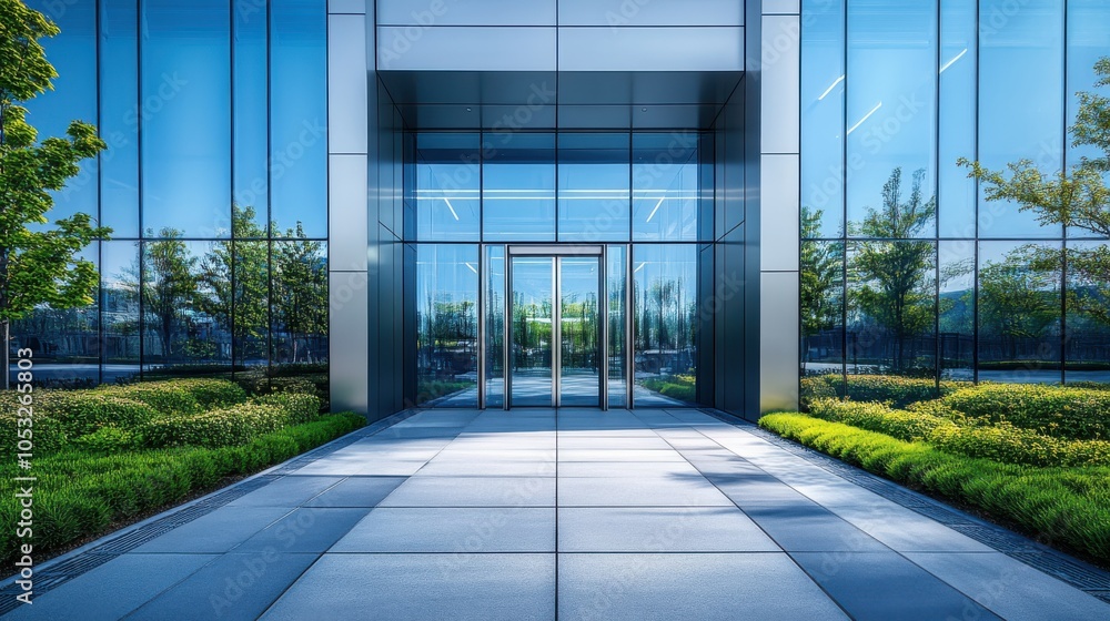 Modern Office Entrance with Glass Facade Modern Office Entrance with Glass Facade