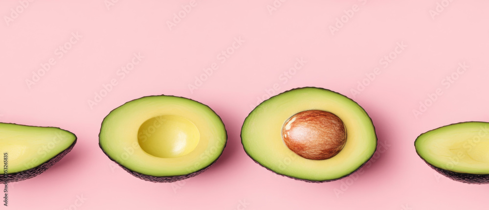 A vibrant display of halved avocados on a pink background, showcasing their creamy texture and contrasting seed. A vibrant display of halved avocados on a pink background, showcasing their creamy texture and contrasting seed.