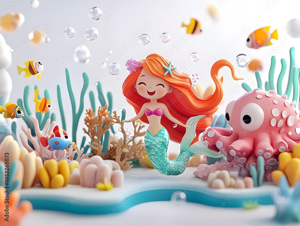 Naklejka premium imaginative 3D cartoon underwater scene on a white background.