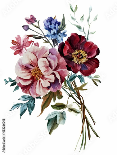 coral pink burgandy floral bouquet, watercolor floral bouquet isolated on a white background 
