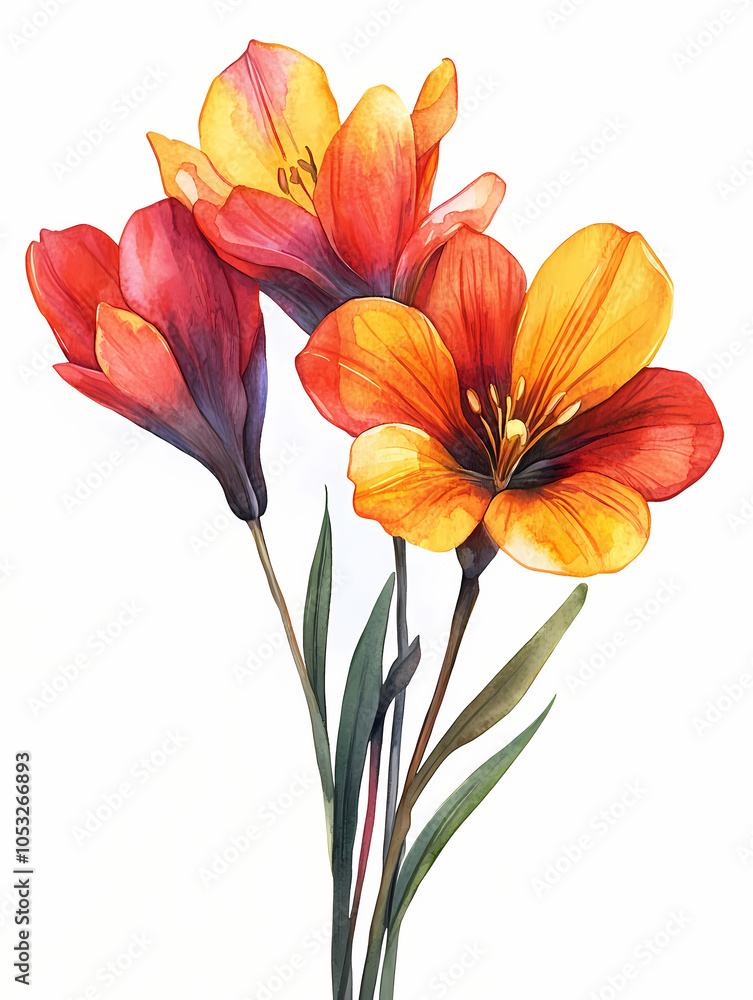 Naklejka premium red and yellow tulips, watercolor floral bouquet illustration, isolated on a white background 