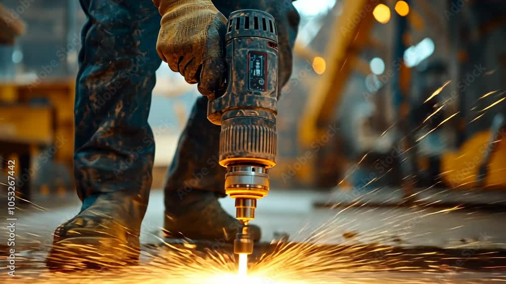 Closeup of a Worker Using a Drill on Metal, man, male, construction worker, industrial worker, laborer Closeup of a Worker Using a Drill on Metal, man, male, construction worker, industrial worker, laborer