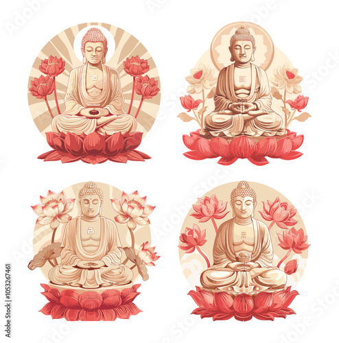 Buddha figures lotus blooms cartoon vector concepts. Reflection spiritual calmness quiet peaceful divine eastern holy meditations isolated on white background