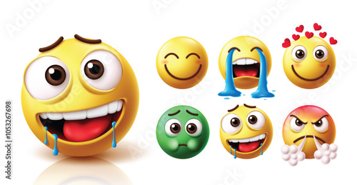 Emoji hungry emoticon character vector set. Emojis  drooling, starving and licking facial expression with emoticons cute smile, crying, in love, sick, hungry and angry faces icon character collection.