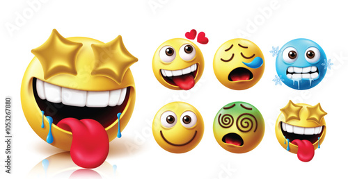 Emojis hungry face emoticon vector set. Emoticons yummy, starving and lick emojis with in love, sneezing, cold, smile, dizzy and hungry faces yellow icon collection. Vector illustration emojis hungry 