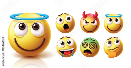 Emoji angel emoticon character vector set. Emojis compassionate and friendly faces with yellow emoticons character like shock, devil, kind, craving, dizzy and thinking facial expressions elements 