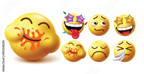 Emoji drooling emoticon character vector set. Emojis starving, licking and spitting graphic elements with yellow emoticons  naughty, sad, happy, drooling and disappointed faces icon collection. Vector
