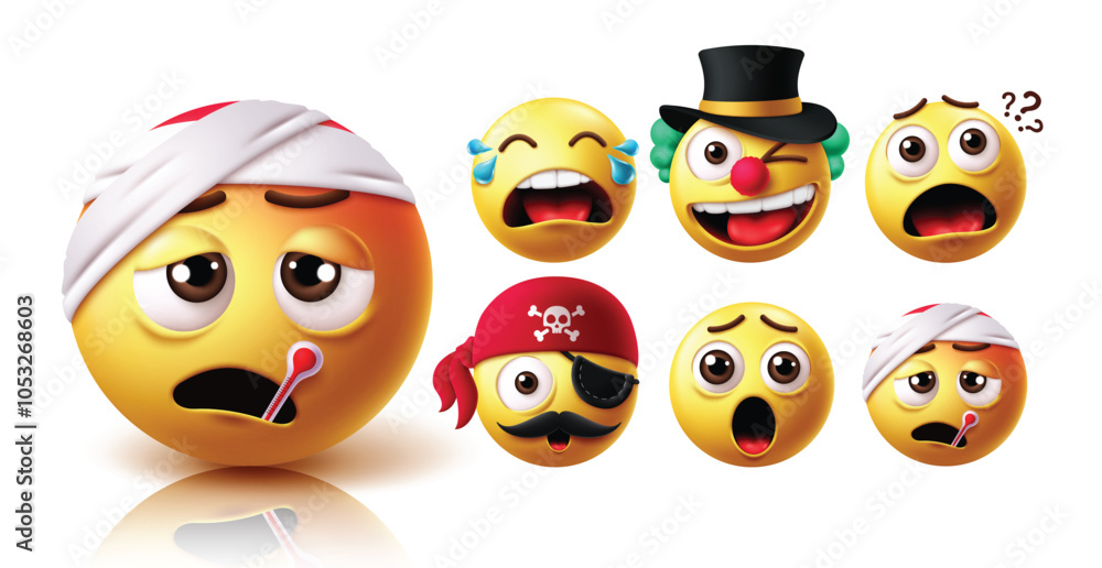 Emoji sick character vector set. Emoticon illness like flu, fever, weak, unwell and bandage with crying, clown, shock, pirate, and surprise facial expression emojis character collection. Vector Emoji sick character vector set. Emoticon illness like flu, fever, weak, unwell and bandage with crying, clown, shock, pirate, and surprise facial expression emojis character collection. Vector