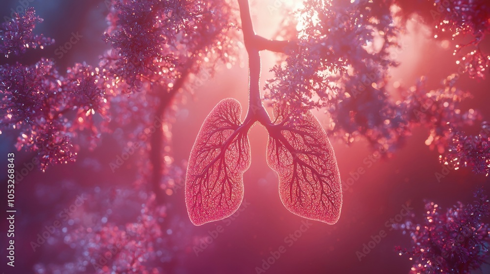 Artistic representation of lungs surrounded by ethereal foliage, creating a surreal blend of biology and nature. Artistic representation of lungs surrounded by ethereal foliage, creating a surreal blend of biology and nature.