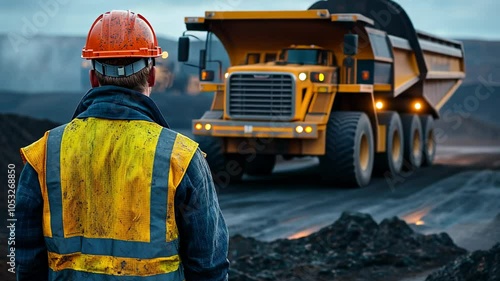Construction worker looking at a mining truck, hard hat, safety vest, safety equipment, industrial, heavy machinery
