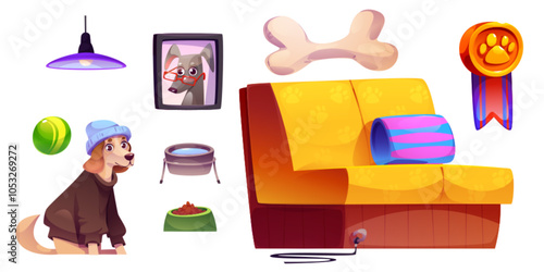 Dog friendly cafe design elements set isolated on white background. Vector cartoon illustration of cute doggy wearing clothes, sofa with decorative cushion, pet bowls with water and food, animal hotel