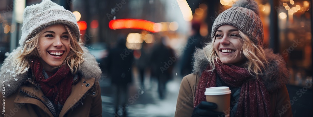 Obraz premium Smiling women drinking takeaway on the street in winter