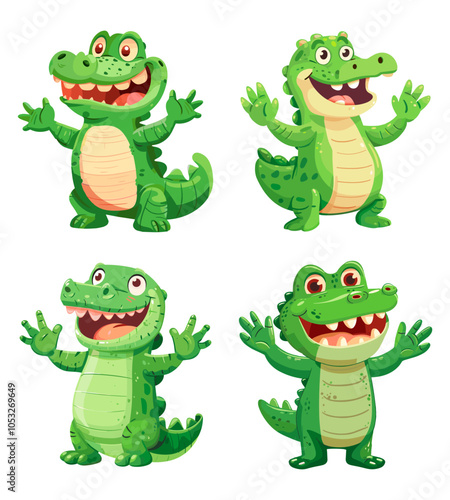 Cheerful alligator cartoon characters vector artworks. Reptile smiling joyful green hugs mascot cute friendly amusing playful animals artwork isolated illustrations