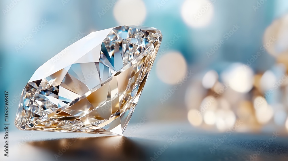 A sparkling diamond sits elegantly on a surface, reflecting light and showcasing its facets against a softly blurred background. A sparkling diamond sits elegantly on a surface, reflecting light and showcasing its facets against a softly blurred background.