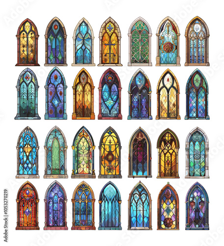 Church window tinted glass panes cartoon vector set. Gothic intricate crystal decoration holy cathedral antique tile traditional art medieval patterns elements isolated on white background