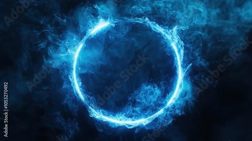 Blue neon light ring with smoke on dark background. Luminous led circle with fog on black. Laser glow round frame with smoke effect. Abstract electric futuristic portal template for design or game