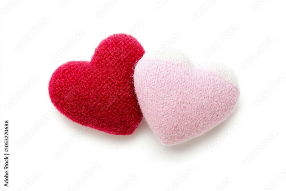 Fototapeta premium heart-shaped figures made in knitted fabric, soft and fluffy, in soft tones.