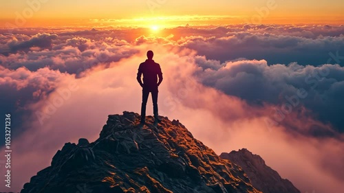 Man Standing on Mountain Peak Above Clouds at Sunset, silhouette, sky, nature, landscape, travel