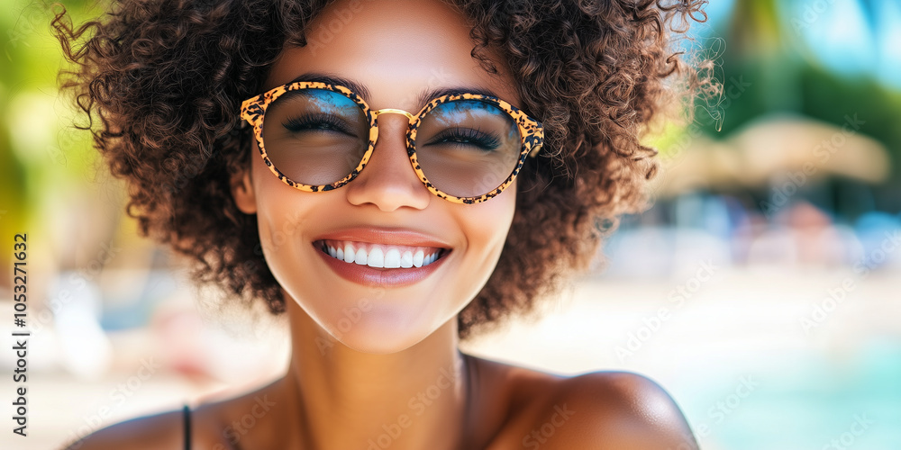 Radiant Woman Smiling in Sunglasses at Sunny Beach Radiant Woman Smiling in Sunglasses at Sunny Beach