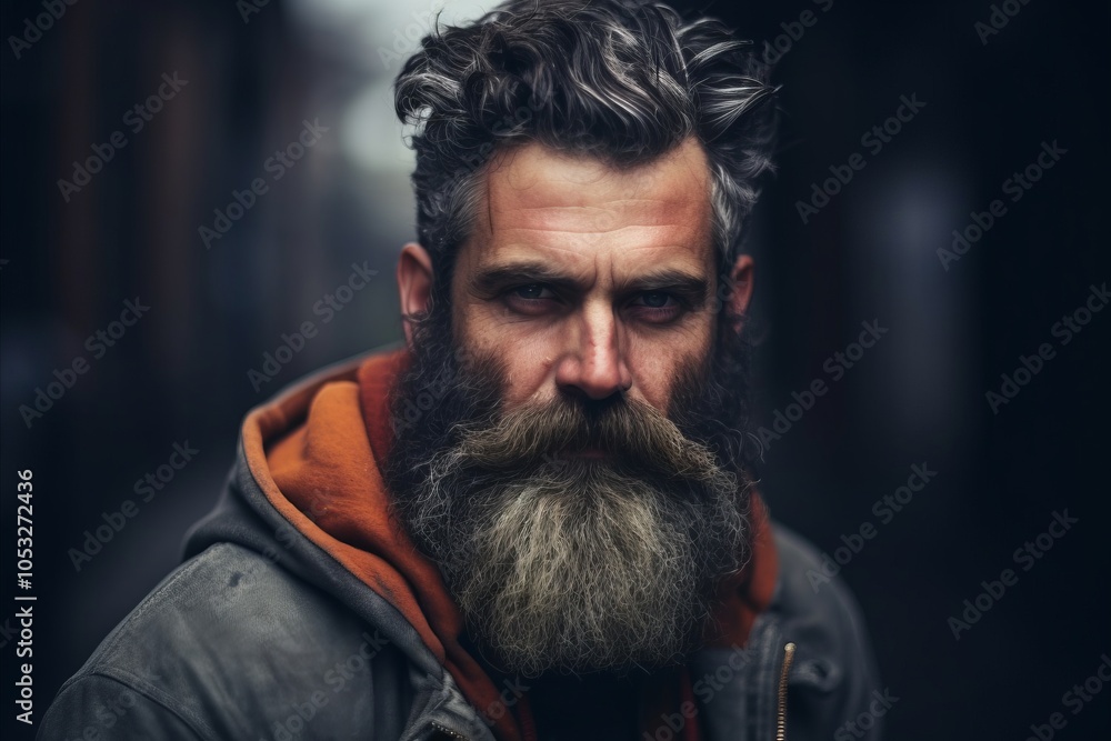 Portrait of a handsome man with long beard and mustache in the street Portrait of a handsome man with long beard and mustache in the street