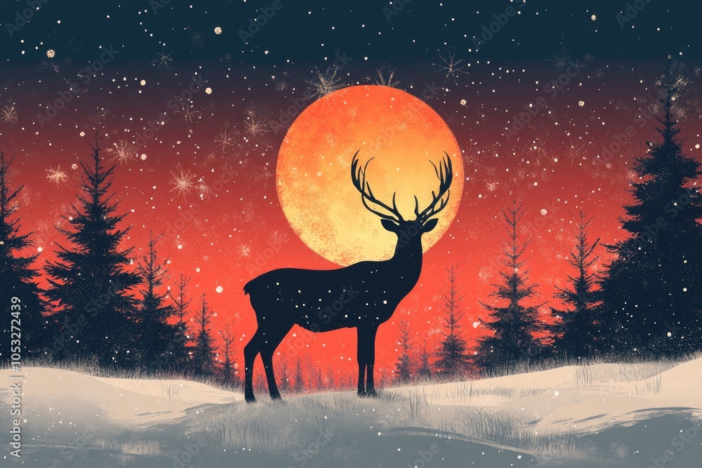 A deer stands in the snow in front of a full moon. The image has a peaceful and serene mood, with the deer being the main focus of the scene. The full moon adds a sense of magic A deer stands in the snow in front of a full moon. The image has a peaceful and serene mood, with the deer being the main focus of the scene. The full moon adds a sense of magic