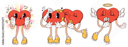 Expressive red groovy heart characters wearing yellow boots show different moods. Cartoon love symbol mascot with joyful emotions, broken with band aids patch, flying with flowers, wings and halo.