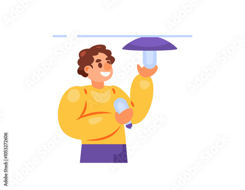 illustration of a man replacing an old or broken lamp with a new lamp. technician. activity person. flat style character design. element