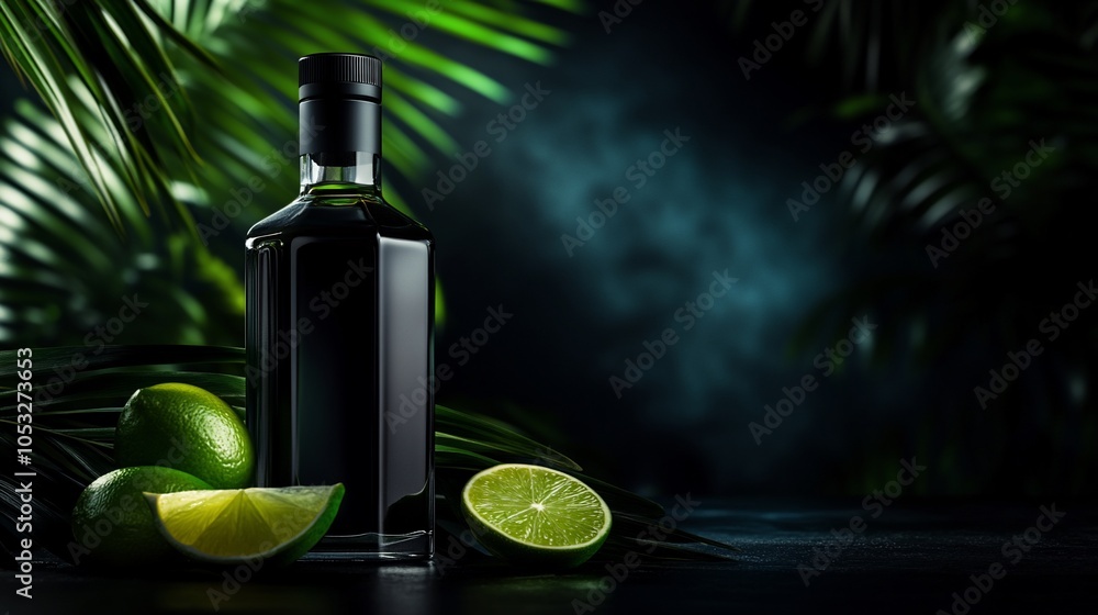 A bottle of dark alcohol with limes and palm leaves in front of a dark blue background. A bottle of dark alcohol with limes and palm leaves in front of a dark blue background.