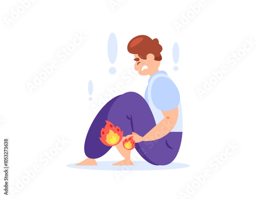 illustration of a man feeling hot and sore in his calf. symptoms of muscle injury or cramps, neuropathy, pinched nerves. pain and burning in the calf. health problems. flat style character design