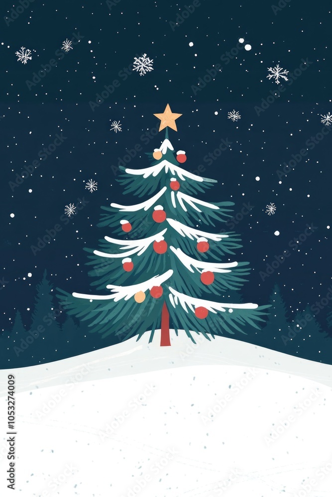 A Christmas tree with a star on top and snow falling around it. The tree is surrounded by trees and snow, creating a festive and cozy atmosphere A Christmas tree with a star on top and snow falling around it. The tree is surrounded by trees and snow, creating a festive and cozy atmosphere