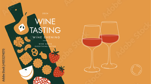 Wine event horizontal design template. Glasses and wine appetizers board. 